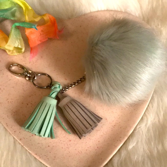Faux Fur Key Chain / Purse Clip Turquoise & Gray. - Picture 2 of 6
